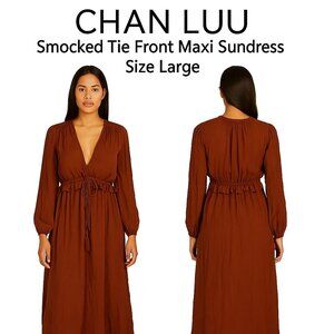 Chan Luu Bohemian Brown Smocked Waist Tie Front Maxi Dress Size Large